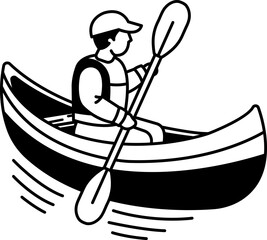 black and white illustration of a man is paddling a canoe