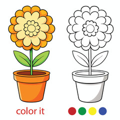 Cute Flower in Pot Coloring Page for Kids | Simple Floral Outline Illustration for Children’s Activity, Printable Spring Flower Pot Art for Coloring Book or Worksheet. Adobe Illustrator Artwork