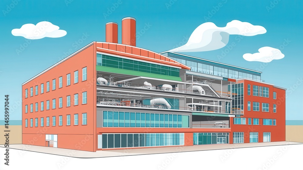 Poster innovative office building illustration showcasing cross-section with workstations and collaborative