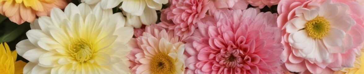 Fototapeta premium Bright yellow backdrop showcasing layered pink and white blooms , background, summer