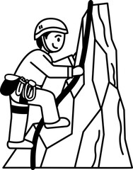 black and white illustration of a man climbing a rock mountain