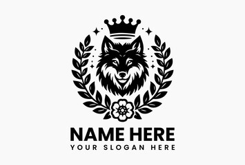 Obraz premium Playful cartoon wolf wearing a royal crown with floral wreath in bold vector logo design, representing strength, loyalty, and wild charm for fun branding 