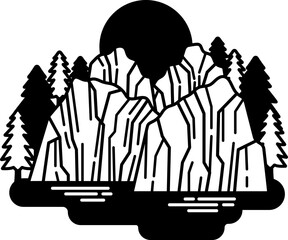 black and white illustration of a mountain range with a sun in the sky