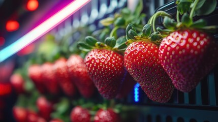 Row of ripe red strawberries with green stems against a dark background.