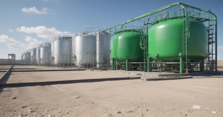 Obraz premium Green hydrogen production facility with pipelines and tanks, green, reactor, solar