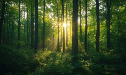 Obraz premium Promienie słoneczne wpadające przez bujne zielone drzewa leśne tworzą eteryczną atmosferę