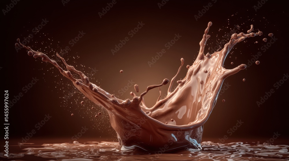 Poster rich chocolate splash creates an artistic and dynamic display against a dark background, highlightin
