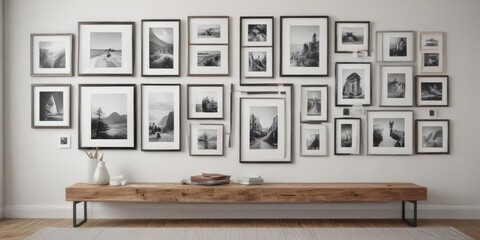 Fototapeta premium Customizable photo frame gallery wall; diverse styles & sizes against a clean white wall , frame collection, frame sizes