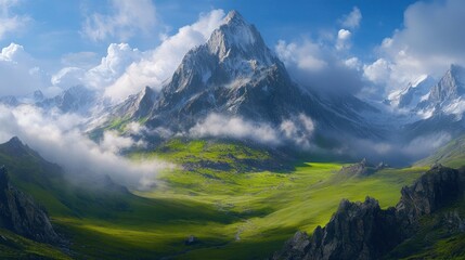 Fototapeta premium Majestic mountain peak with lush valley and clouds.