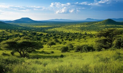 Obraz premium Vast green landscape with rolling hills and distant mountains under blue sky
