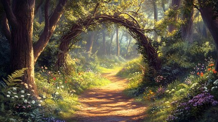 Sunlit path through a mystical forest archway.