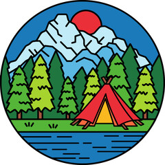 a tent in the middle of a pine forest and snowy mountains