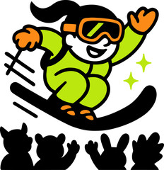 A Joyful Young Girl In Bright Ski Gear Snowboards As Shadowed Critters Cheer Below Winter Fun