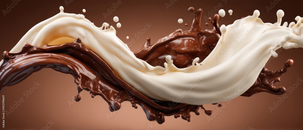 Poster swirling splash of creamy chocolate and milk, creating an artistic and dynamic visual effect against