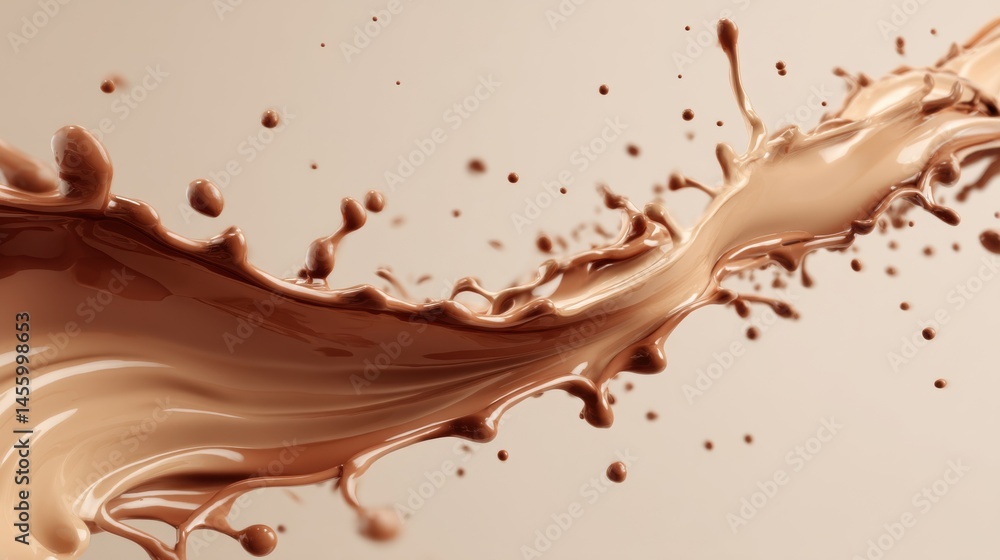 Poster Brown liquid splashes dynamically across a light background, showcasing motion and texture with droplets in the air.