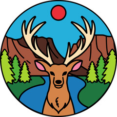 A deer with antlers standing in front of a mountain landscape