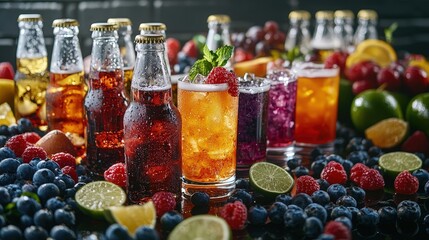 Exciting beverage launch event showcasing colorful drinks in a festive environment with a creative touch