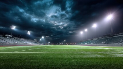 A football field under night lights, capturing the dynamic energy of the game
