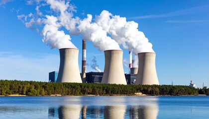 Industrial Power Plant with Cooling Towers and Smoke Stacks Reflecting on Calm Water