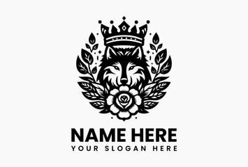 Vintage wolf head with regal crown and botanical flower elements in detailed vector logo, symbolizing wild nobility and nature’s heritage in classic design  