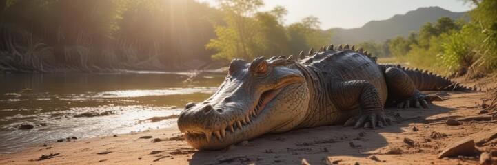 Fototapeta premium Massive crocodile rests, jaws agape, sun-baked riverbank , caiman, open mouth, riverbank