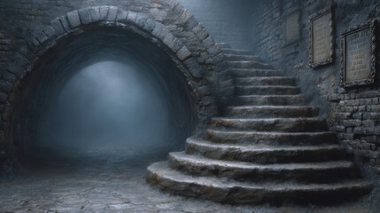 Parisian sewer workers explore ancient tunnels with vintage ladders and mist rising from stone corridors