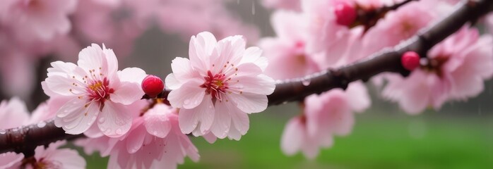 Obraz premium Rain-soaked cherry blossom branch, delicate pink petals , season, garden, freshness
