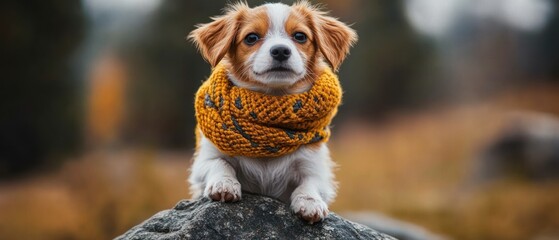 Fototapeta premium Puppy wearing yellow scarf rests paws on rock, looking directly at viewer.