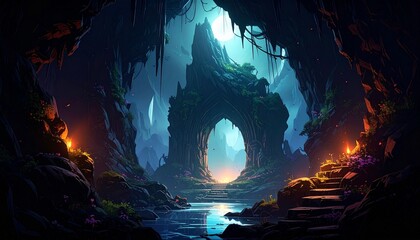 Enchanting Cave Entrance Moonlit Night Fantasy Landscape with Stone Steps and Calm Water