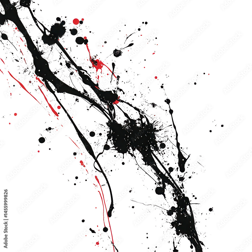 Poster abstract black and red paint splashes create a dynamic art composition on a white background