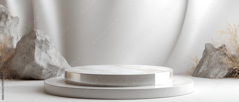 Aufkleber a minimalist display platform set against a soft, neutral backdrop with abstract rock formations enh