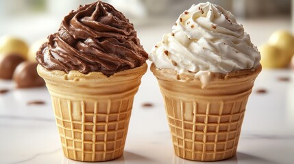 Two ice cream cones chocolate and vanilla flavor in waffle cones close-up.