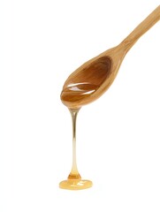 Dripping honey from wooden spoon on white background perfect for organic food branding, natural sweetener campaigns, wellness product ads, or recipe blog visuals emphasizing pure healthy ingredients