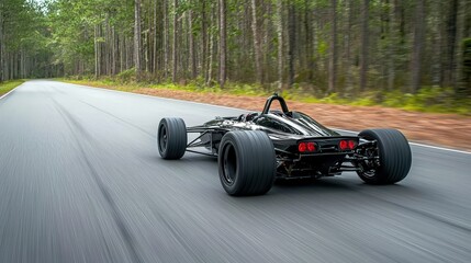 Sleek race car speeding down a straight track forest setting dynamic action outdoor rear view high velocity