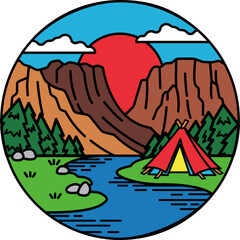 Tent with mountain and river view