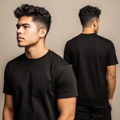 Hispanic young man wearing a black casual t-shirt. Side view, behind and front view of a mock up template for a t-shirt design print 