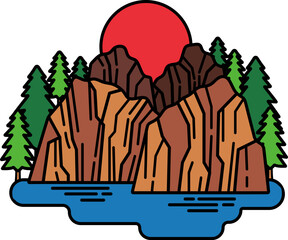 A mountain range with a red sun in the sky