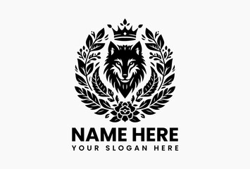 Obraz premium Minimalist wolf face with floral crown and clean crown details in elegant line-art vector logo, reflecting strength and grace in modern branding design 
