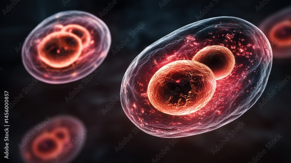 Poster microscopic view of cells showcasing intricate structures and vibrant colors, highlighting biologica