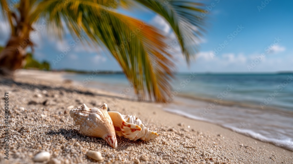 Poster sandy beach features unique shells scattered along the shore, while a palm tree leans gracefully ove