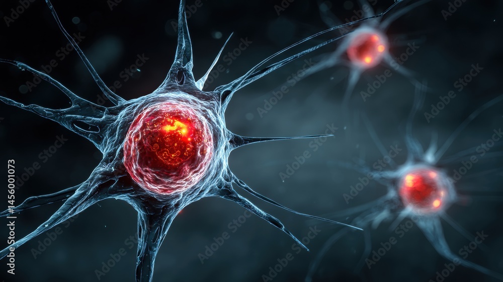 Poster microscopic view of neurons showcasing complex structures and glowing connections in a dark backgrou