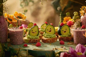 A cheerful food display features avocado toast with smiling faces and berry garnish, plus chia seed puddings.