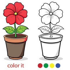 Cute Flower in Pot Coloring Page for Kids | Simple Floral Outline Illustration for Children’s Activity, Printable Spring Flower Pot Art for Coloring Book or Worksheet. Adobe Illustrator Artwork