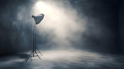 Professional light stand in foggy studio behind wooden floor.