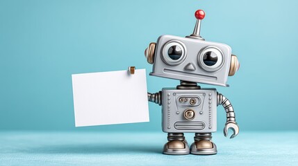Fototapeta premium Plastic Robot Toy Holding White Message Card in Studio Light