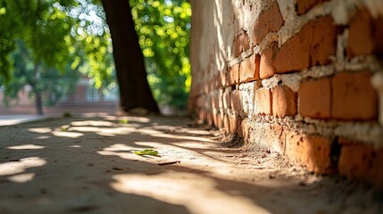 Obraz premium A hot summer afternoon, sun rays casting long shadows on the brick wall 