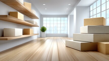 Fototapeta premium Minimalist Room with Shelves and Boxes