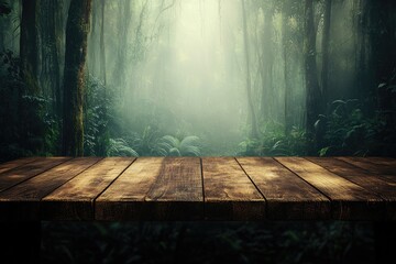 Wooden tabletop in a misty rainforest