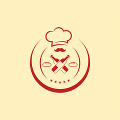 Chef Logo Concept – Food and Drink Icon Inspiration Template.  chef logo design featuring a crossed bottle icon, bread illustrations, a chef hat, and a mustache, all enclosed in a circular badge