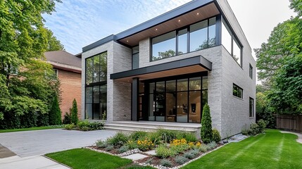 A minimalist modern home with sleek grey brick walls and large glass windows 